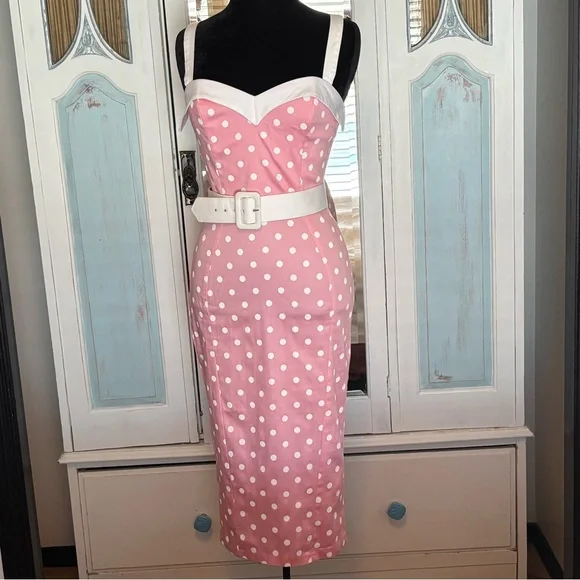 Pinup Girl Deadly Dames Wiggle Dress Pink White Polka Dot Retro Rockabilly Belt - Picture 16 of 16
